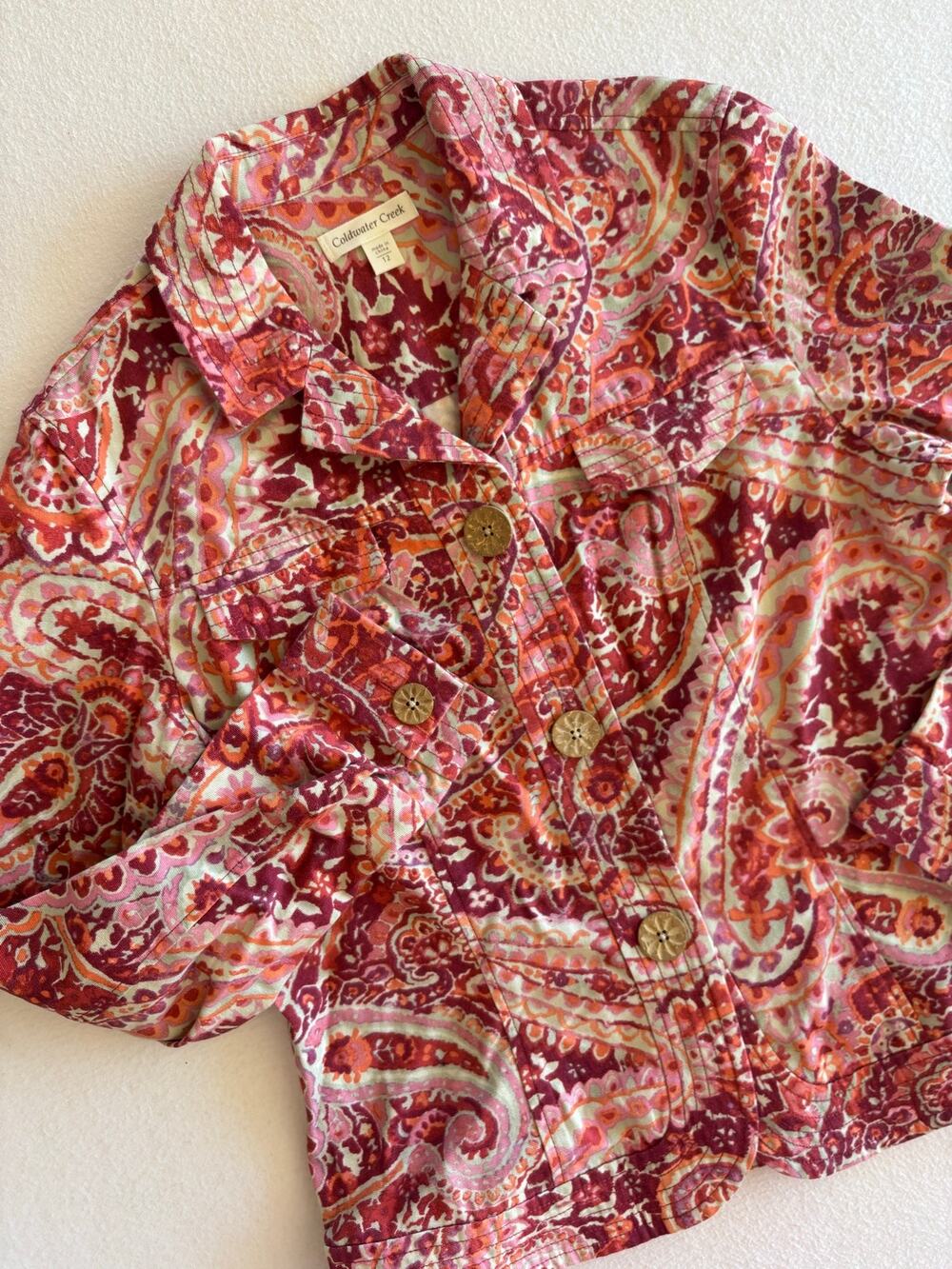 Coldwater Creek Button Up Jacket Women’s Size 12 Paisley Pink Bohemian